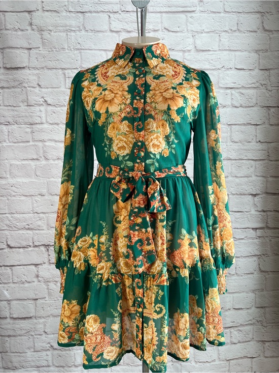 Dresses & Skirts - Flying Tomato Green Floral Tie-Waist Long Sleeve Mini Shirtdress Size M